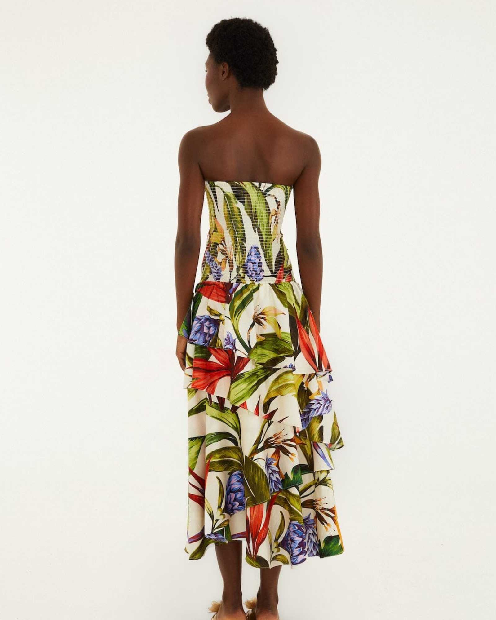FARM Rio Sand Florart Strapless Maxi Dress view featuring a botanical Florart print and elegant strapless neckline.