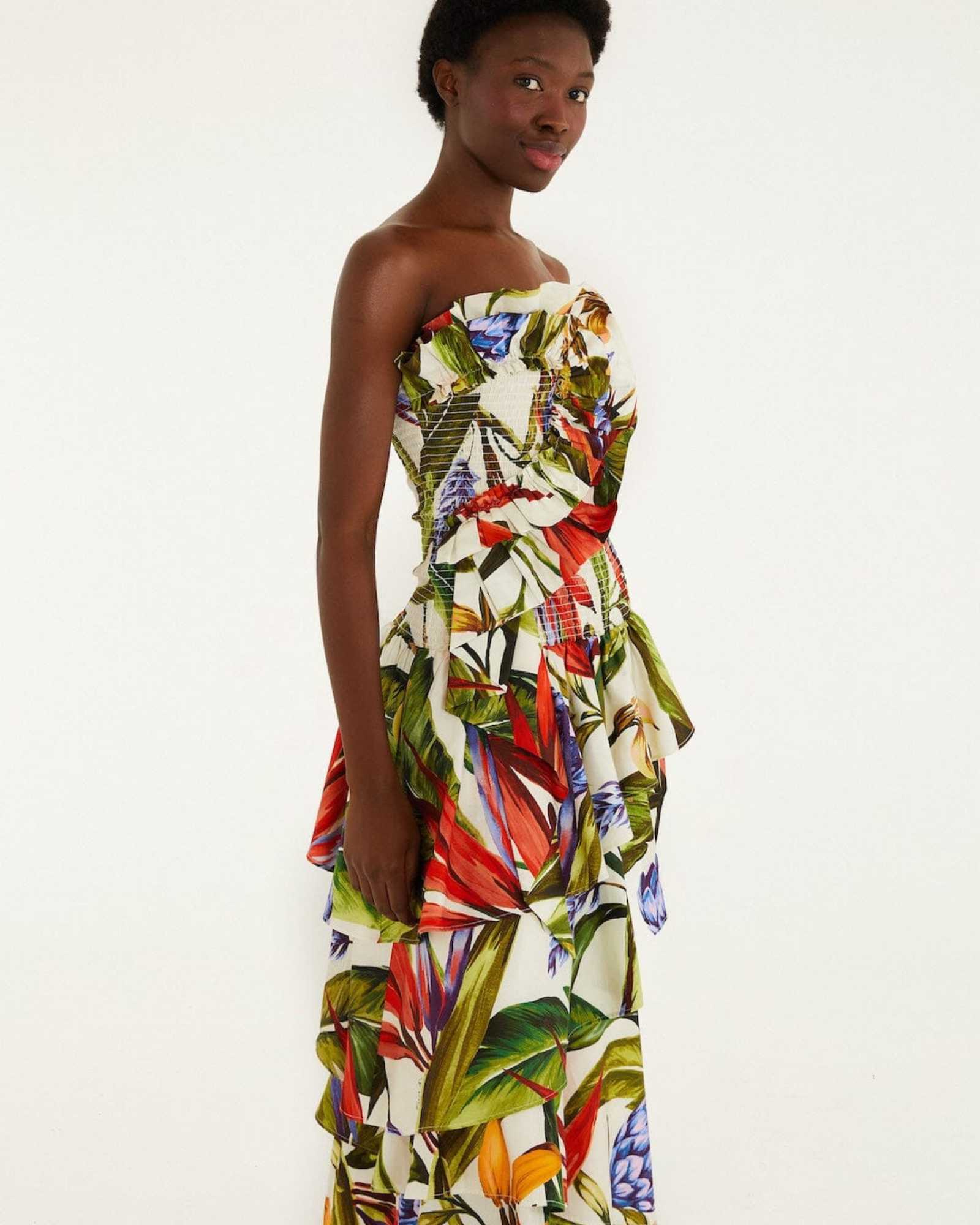 FARM Rio Sand Florart Strapless Maxi Dress view featuring a botanical Florart print and elegant strapless neckline.