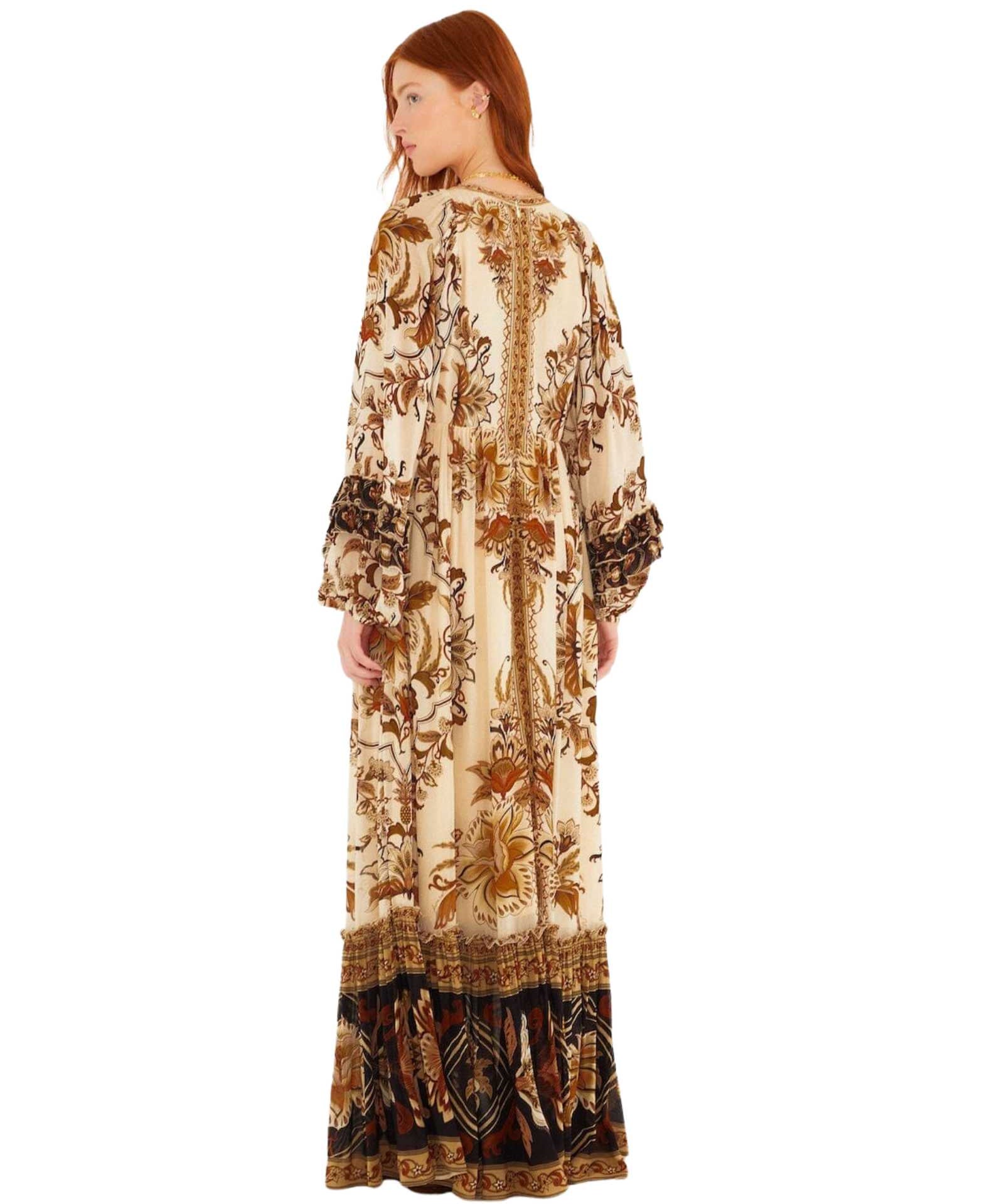 FARM Rio Sand Majestic Garden Ruffled Maxi Dress view featuring botanical print and cascading ruffle design.