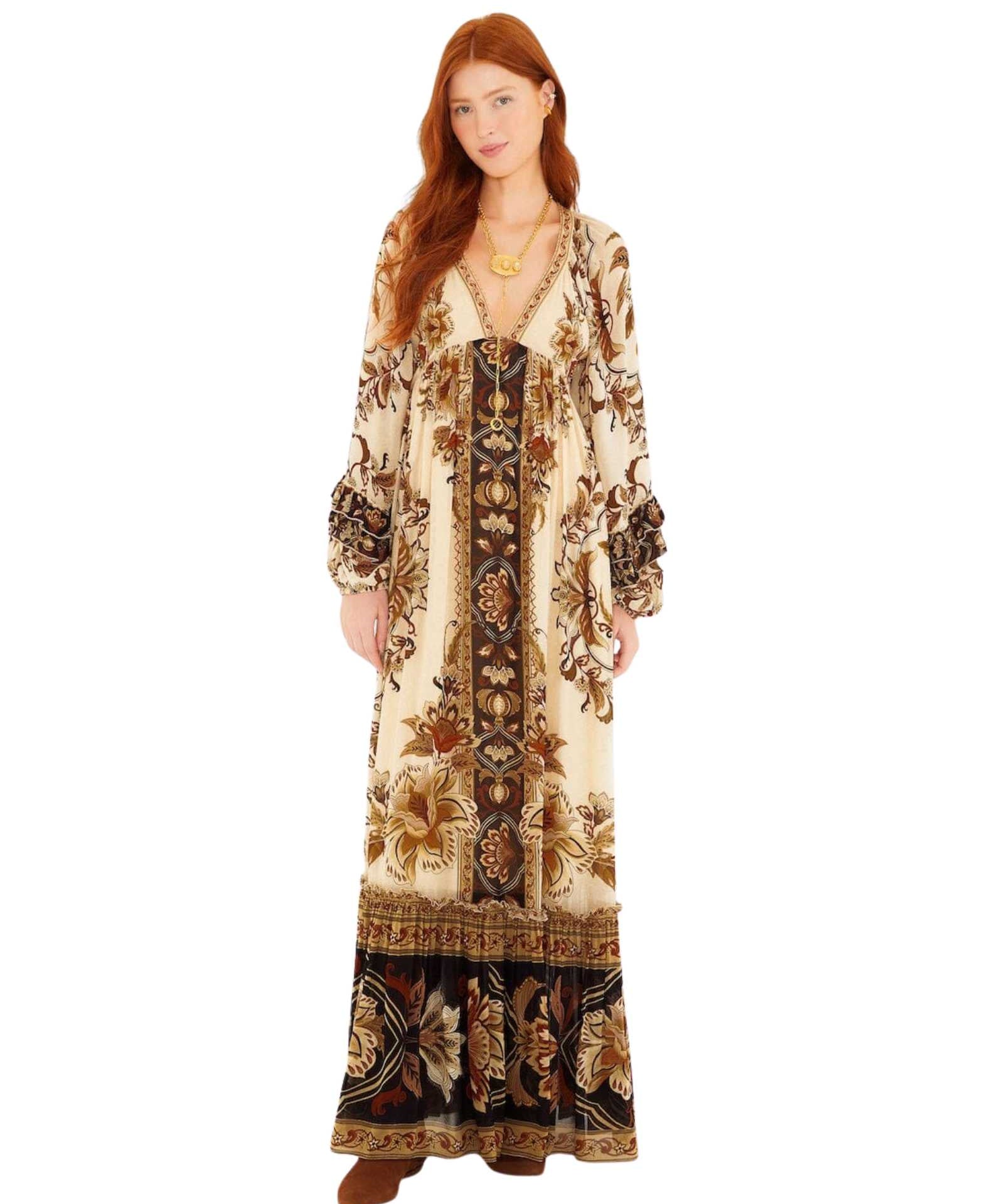 FARM Rio Sand Majestic Garden Ruffled Maxi Dress view featuring botanical print and cascading ruffle design.