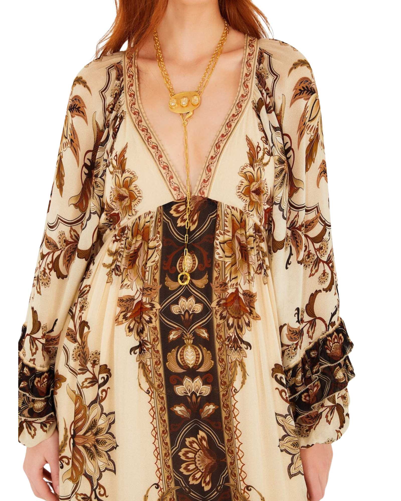 FARM Rio Sand Majestic Garden Ruffled Maxi Dress view featuring botanical print and cascading ruffle design.
