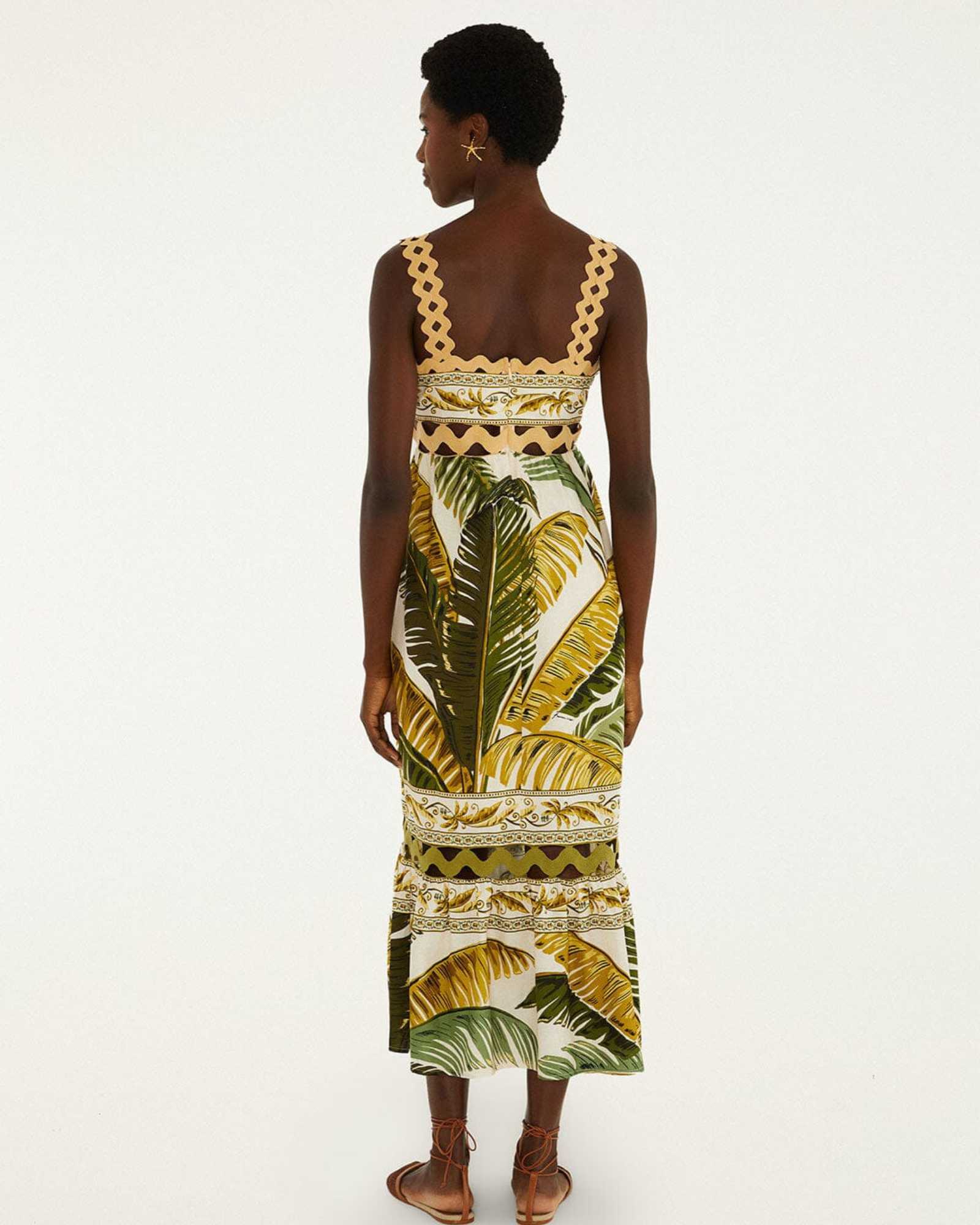 FARM Rio Sand Trancoso Wavy Trim Maxi Dress view featuring elegant wavy trim detailing and a flowing maxi silhouette.