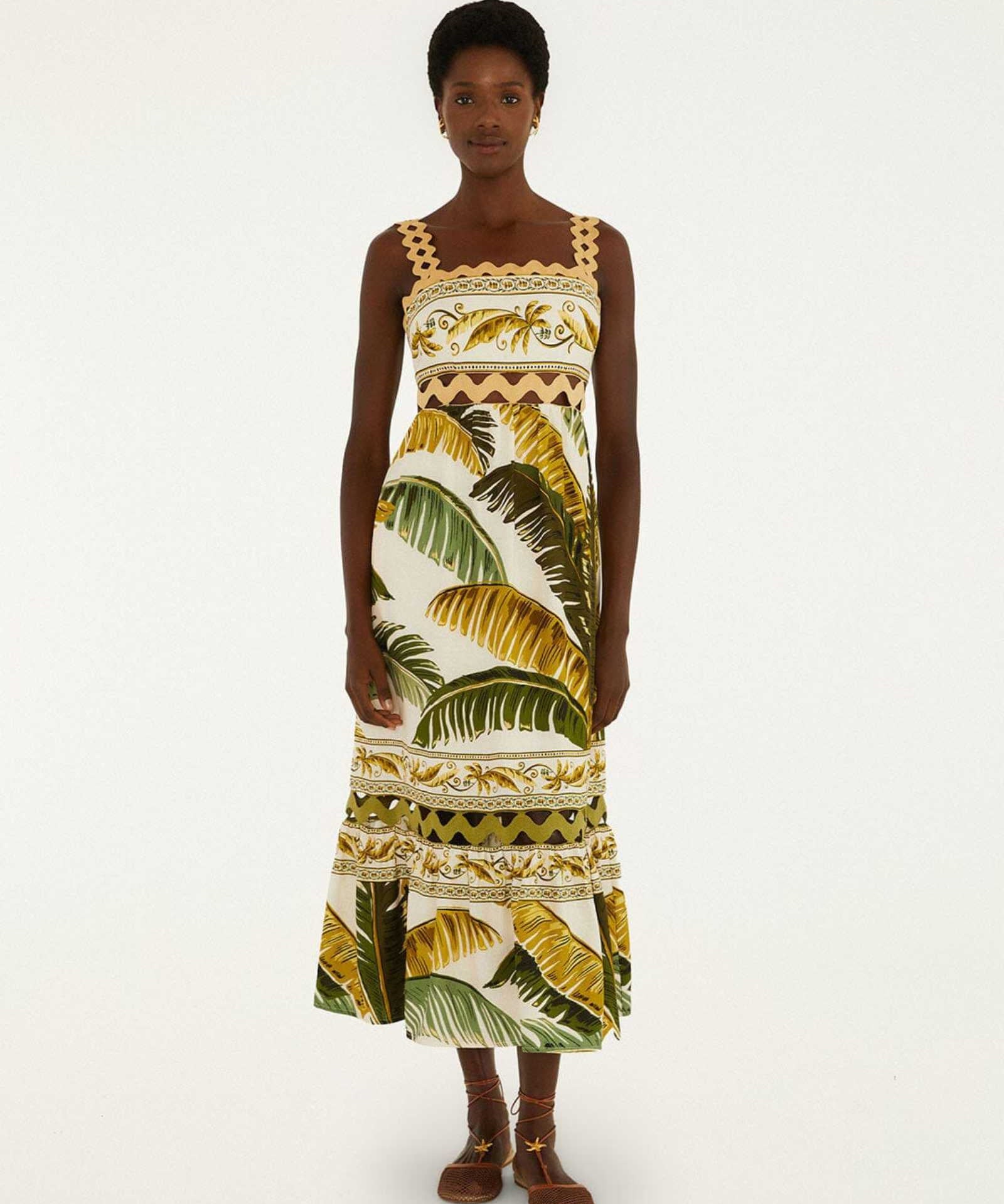 FARM Rio Sand Trancoso Wavy Trim Maxi Dress view featuring elegant wavy trim detailing and a flowing maxi silhouette.