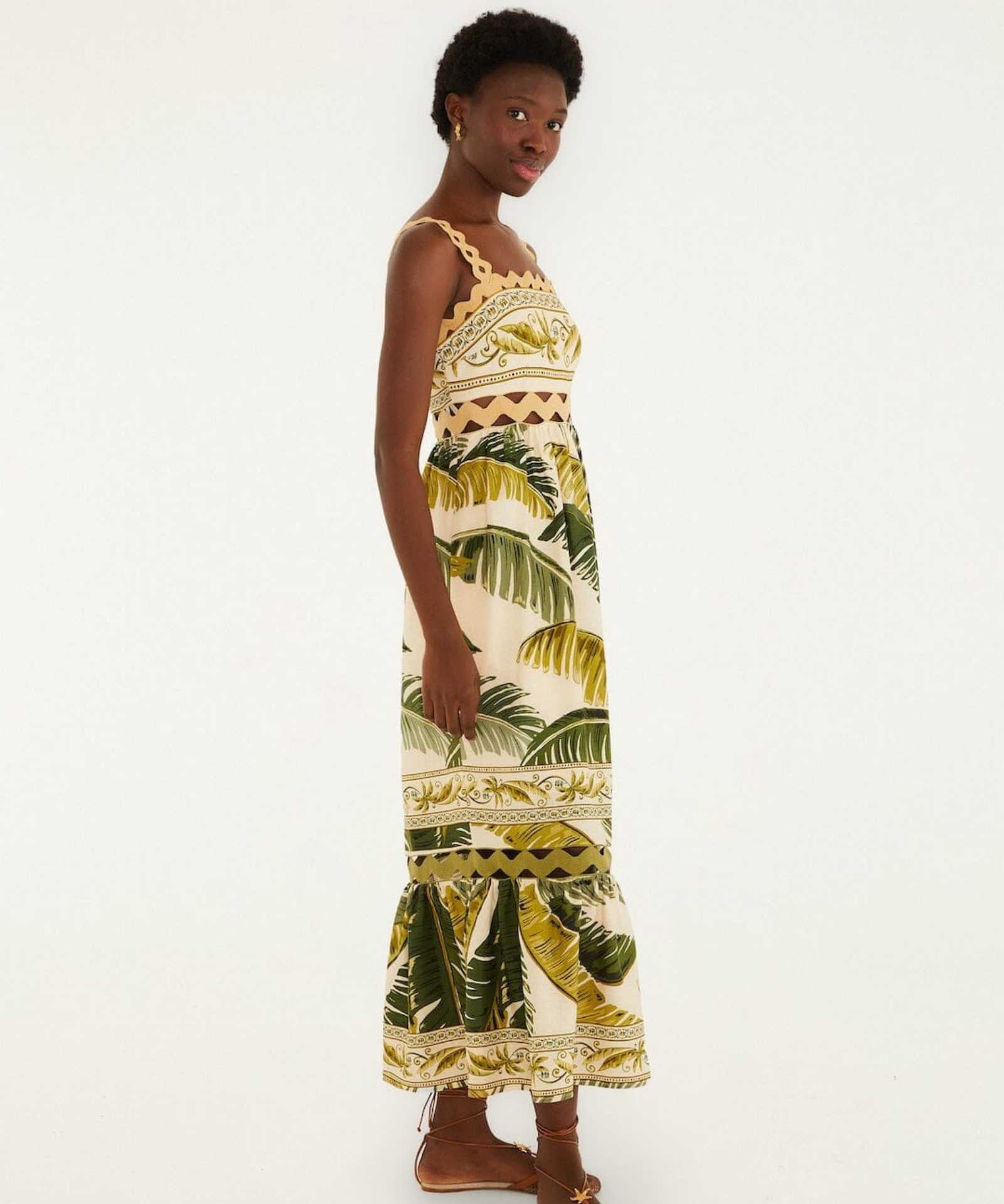 FARM Rio Sand Trancoso Wavy Trim Maxi Dress view featuring elegant wavy trim detailing and a flowing maxi silhouette.