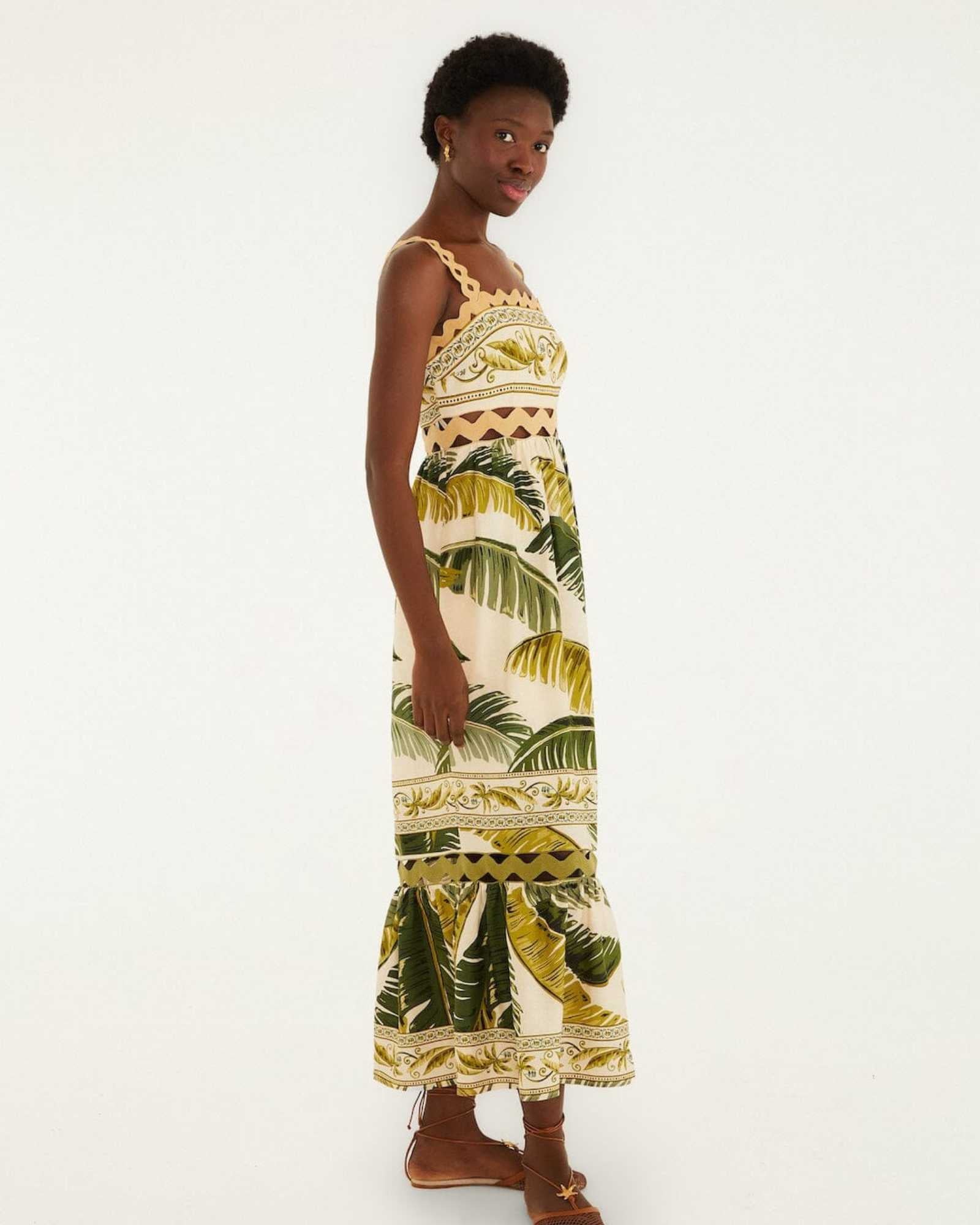 FARM Rio Sand Trancoso Wavy Trim Maxi Dress view featuring elegant wavy trim detailing and a flowing maxi silhouette.
