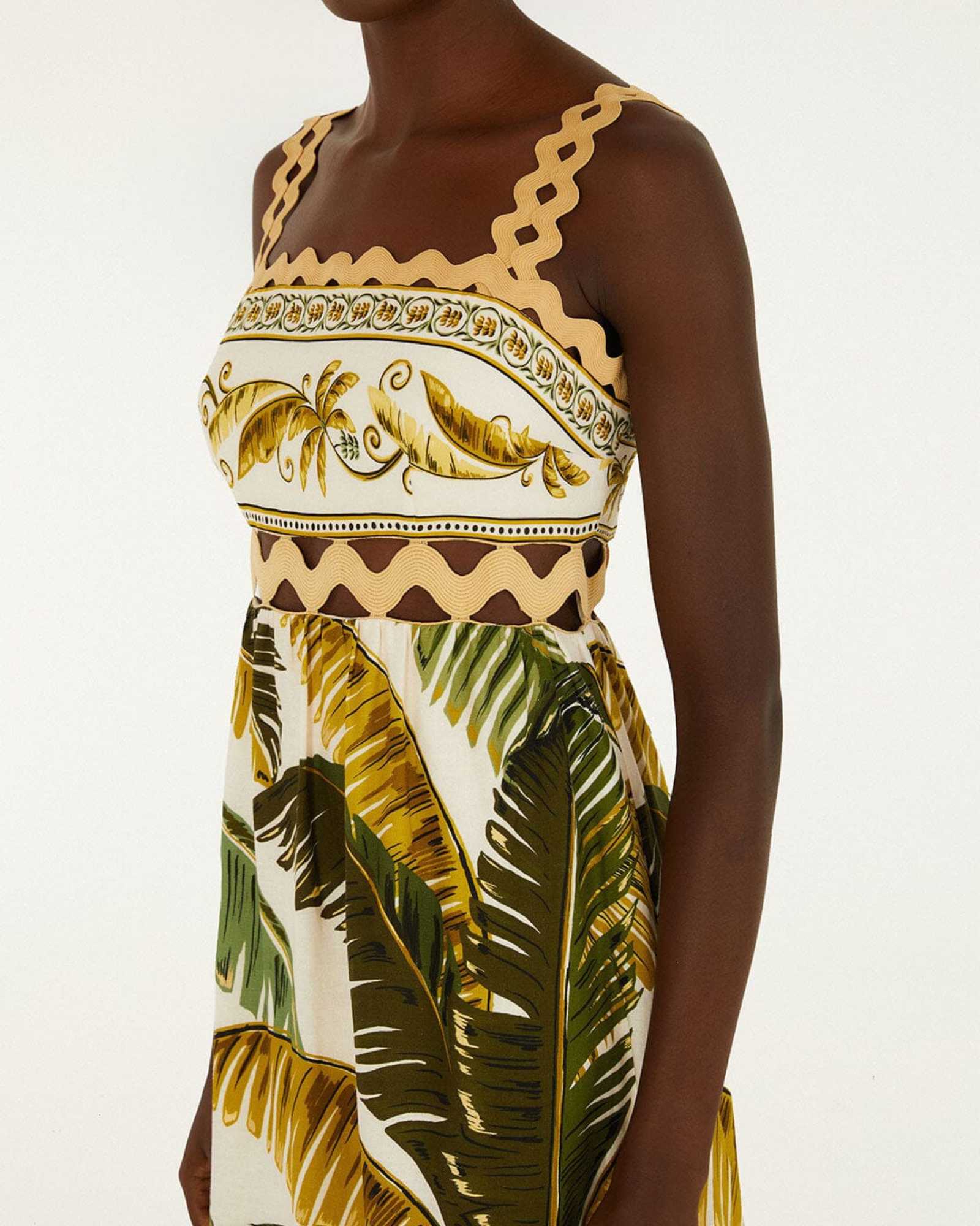 FARM Rio Sand Trancoso Wavy Trim Maxi Dress view featuring elegant wavy trim detailing and a flowing maxi silhouette.