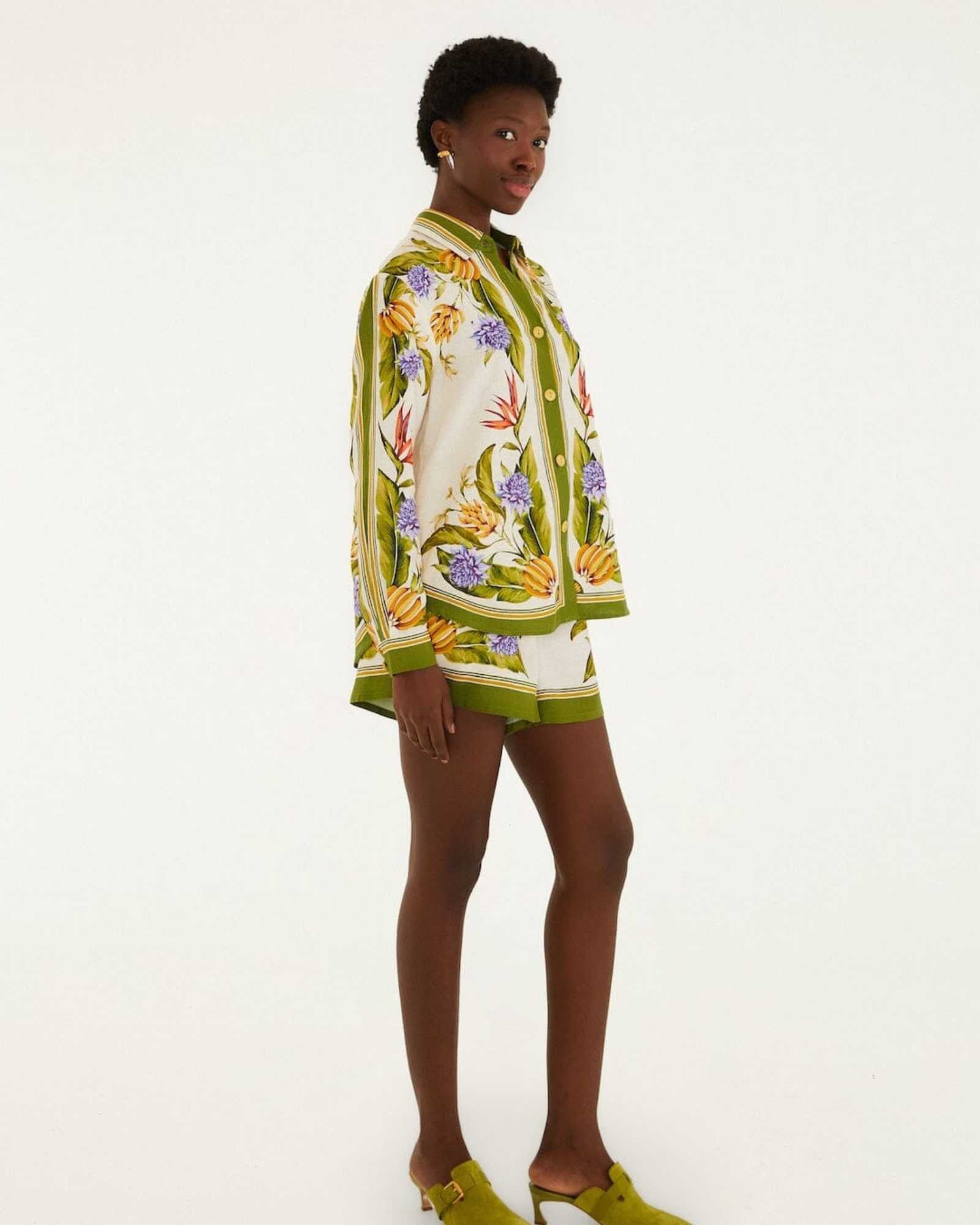 FARM Rio Sand Tropical Scarf Shorts view featuring a tropical scarf print and relaxed tailored silhouette.