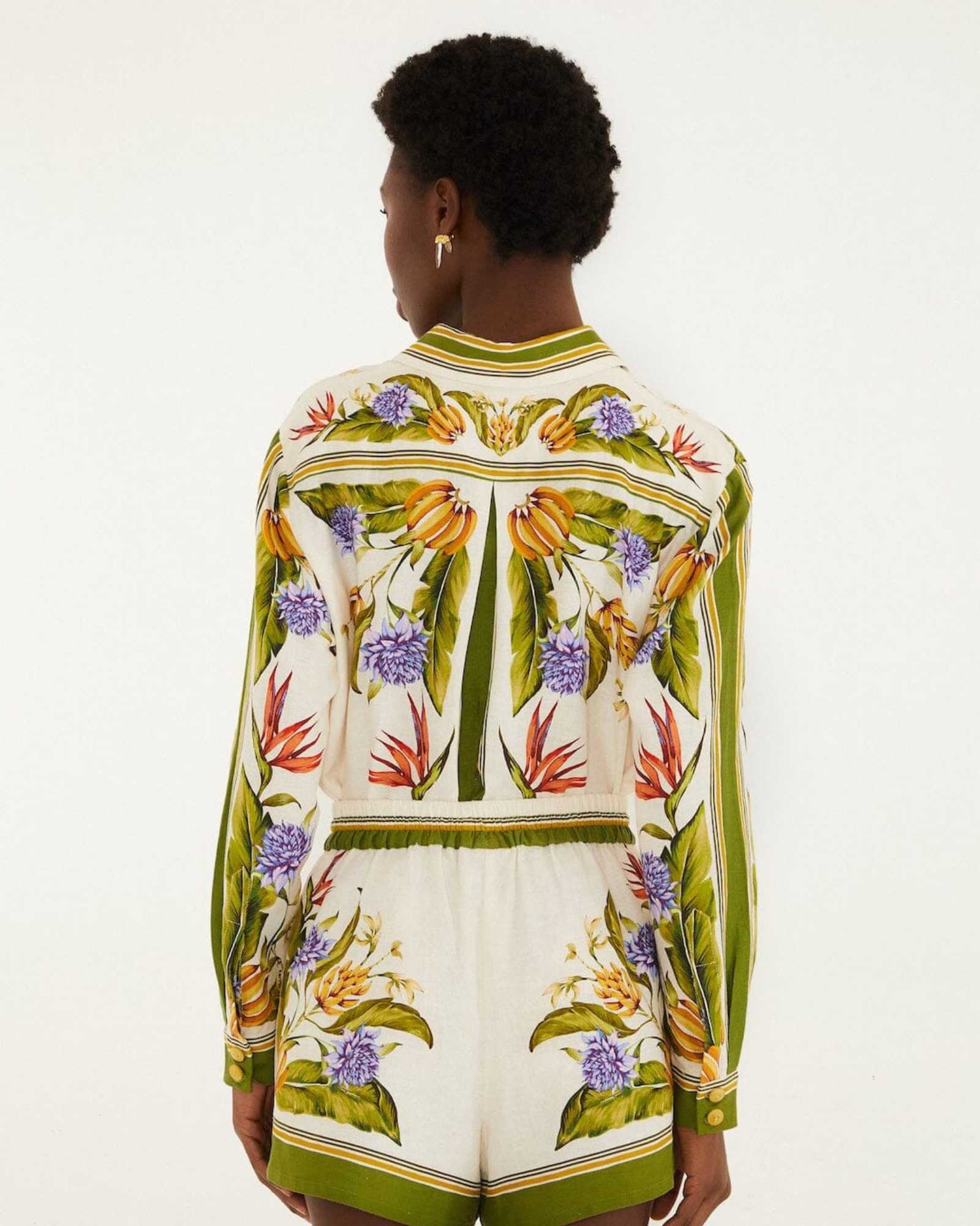 FARM Rio Sand Tropical Scarf Shorts view featuring a tropical scarf print and relaxed tailored silhouette.