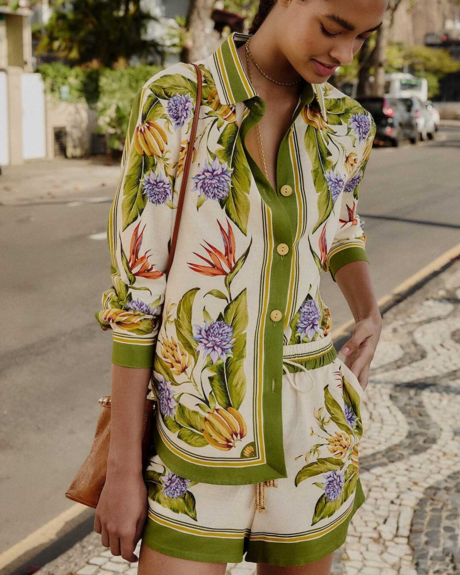 FARM Rio Sand Tropical Scarf Shorts view featuring a tropical scarf print and relaxed tailored silhouette.