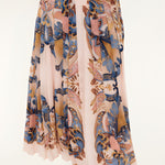 Detailed close-up of the sea-inspired scarf pattern on the Farm Rio soft pink pleated maxi skirt
