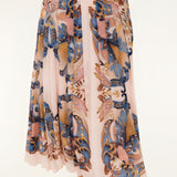Detailed close-up of the sea-inspired scarf pattern on the Farm Rio soft pink pleated maxi skirt