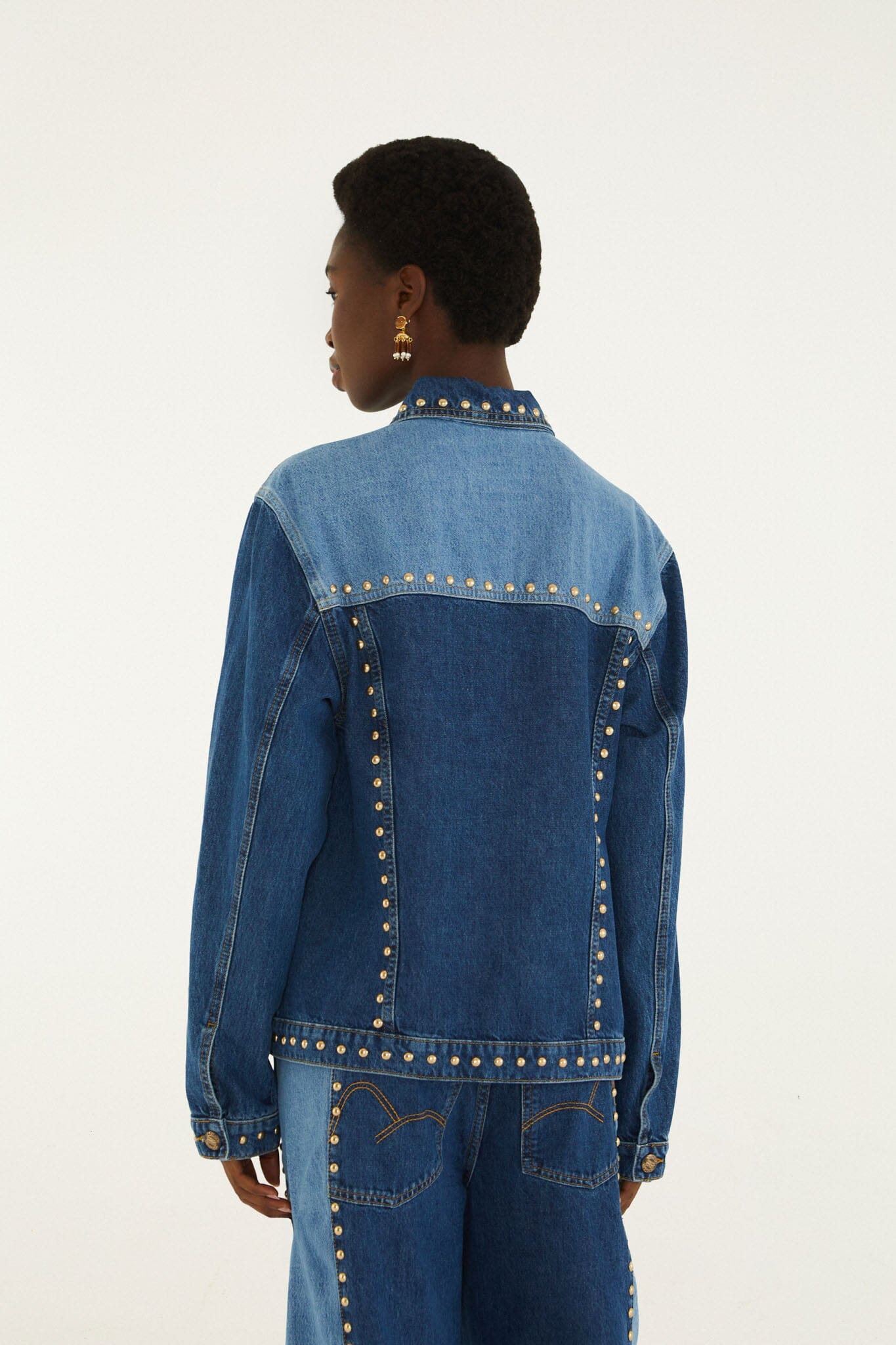 Farm Rio Studs Metal two-tone denim jacket covered in gold studs – back view