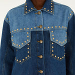 Farm Rio Studs Metal two-tone denim jacket covered in gold studs – close-up