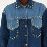 Farm Rio Studs Metal two-tone denim jacket covered in gold studs – close-up