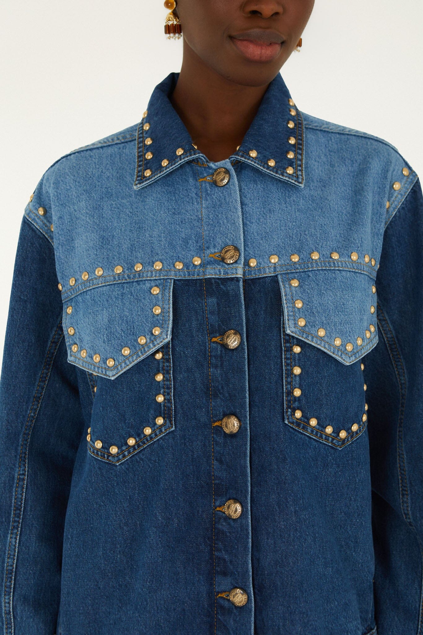 Farm Rio Studs Metal two-tone denim jacket covered in gold studs – close-up