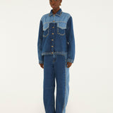 Farm Rio Studs Metal two-tone denim jacket covered in gold studs – full look