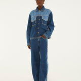 Farm Rio Studs Metal denim trousers with gold studs along the side seams – full look