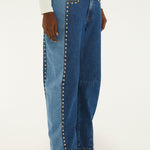 Farm Rio Studs Metal denim trousers with gold studs along the side seams – close-up of the side studs