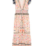 Studio flat lay view of the Farm Rio Superbloom Tapestry maxi dress showcasing the intricate floral print, plunging V-neckline, and ruffled sleeves on a white background.