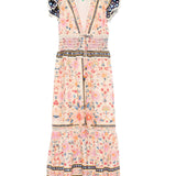 Studio flat lay view of the Farm Rio Superbloom Tapestry maxi dress showcasing the intricate floral print, plunging V-neckline, and ruffled sleeves on a white background.