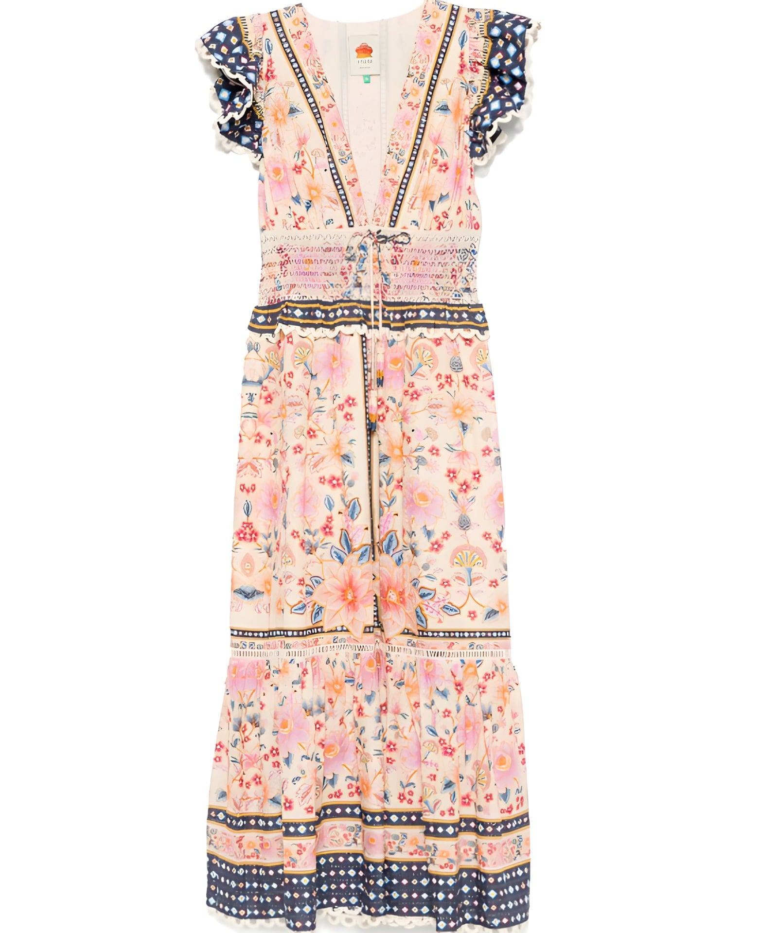 Studio flat lay view of the Farm Rio Superbloom Tapestry maxi dress showcasing the intricate floral print, plunging V-neckline, and ruffled sleeves on a white background.