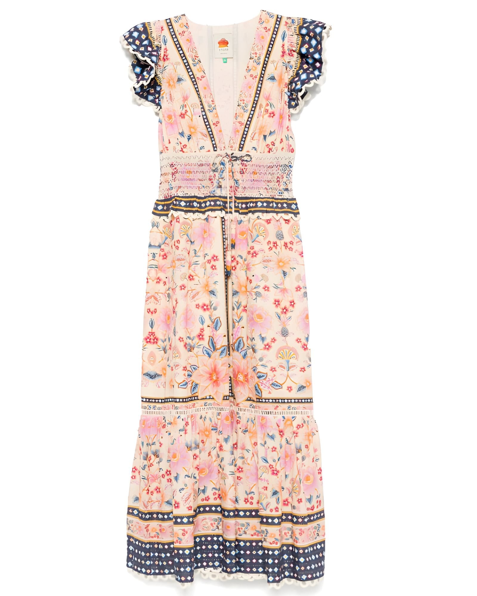 Studio flat lay view of the Farm Rio Superbloom Tapestry maxi dress showcasing the intricate floral print, plunging V-neckline, and ruffled sleeves on a white background.