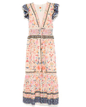Studio flat lay view of the Farm Rio Superbloom Tapestry maxi dress showcasing the intricate floral print, plunging V-neckline, and ruffled sleeves on a white background.