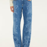 Farm Rio Tapestry Dream denim trousers with laser-engraved leaves and flowers – close-up