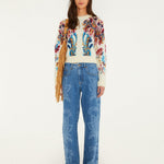Farm Rio Tapestry Dream denim trousers with laser-engraved leaves and flowers – on model