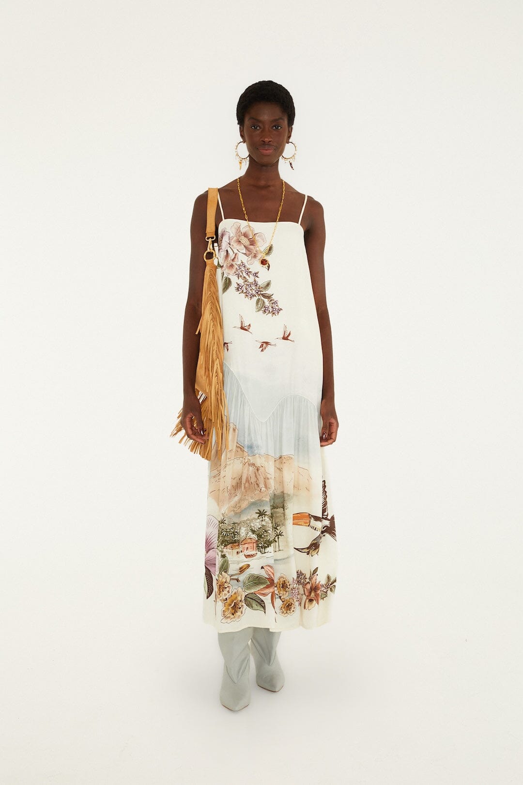 Farm Rio Toile de Rio maxi dress, off-white with square neck and thin straps – front view