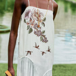 Farm Rio Toile de Rio maxi dress, off-white with square neck and thin straps – lifestyle close-up