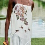 Farm Rio Toile de Rio maxi dress, off-white with square neck and thin straps – lifestyle close-up