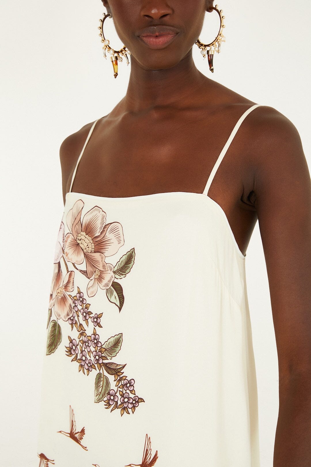 Farm Rio Toile de Rio maxi dress, off-white with square neck and thin straps – neckline close-up