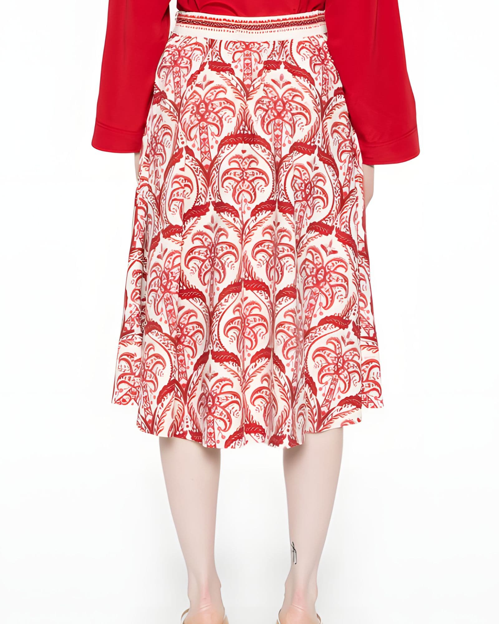 Back studio view of the Farm Rio printed midi skirt, showcasing the clean drape of the A-line silhouette and continuous pattern design.