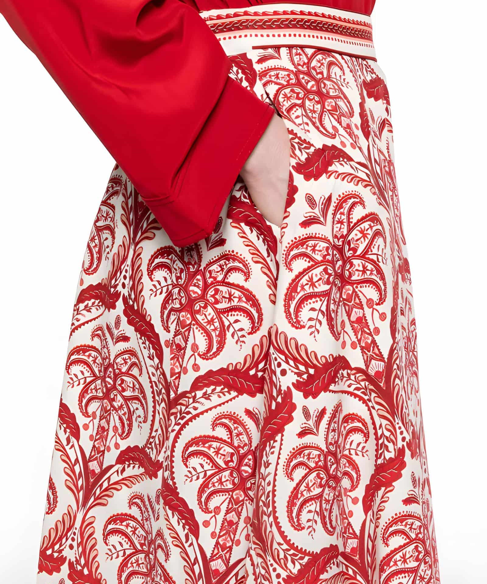Close-up detail view of the Farm Rio tropical cameo-print skirt, highlighting the practical side slit pocket and the fine fabric texture.