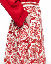 Close-up detail view of the Farm Rio tropical cameo-print skirt, highlighting the practical side slit pocket and the fine fabric texture.