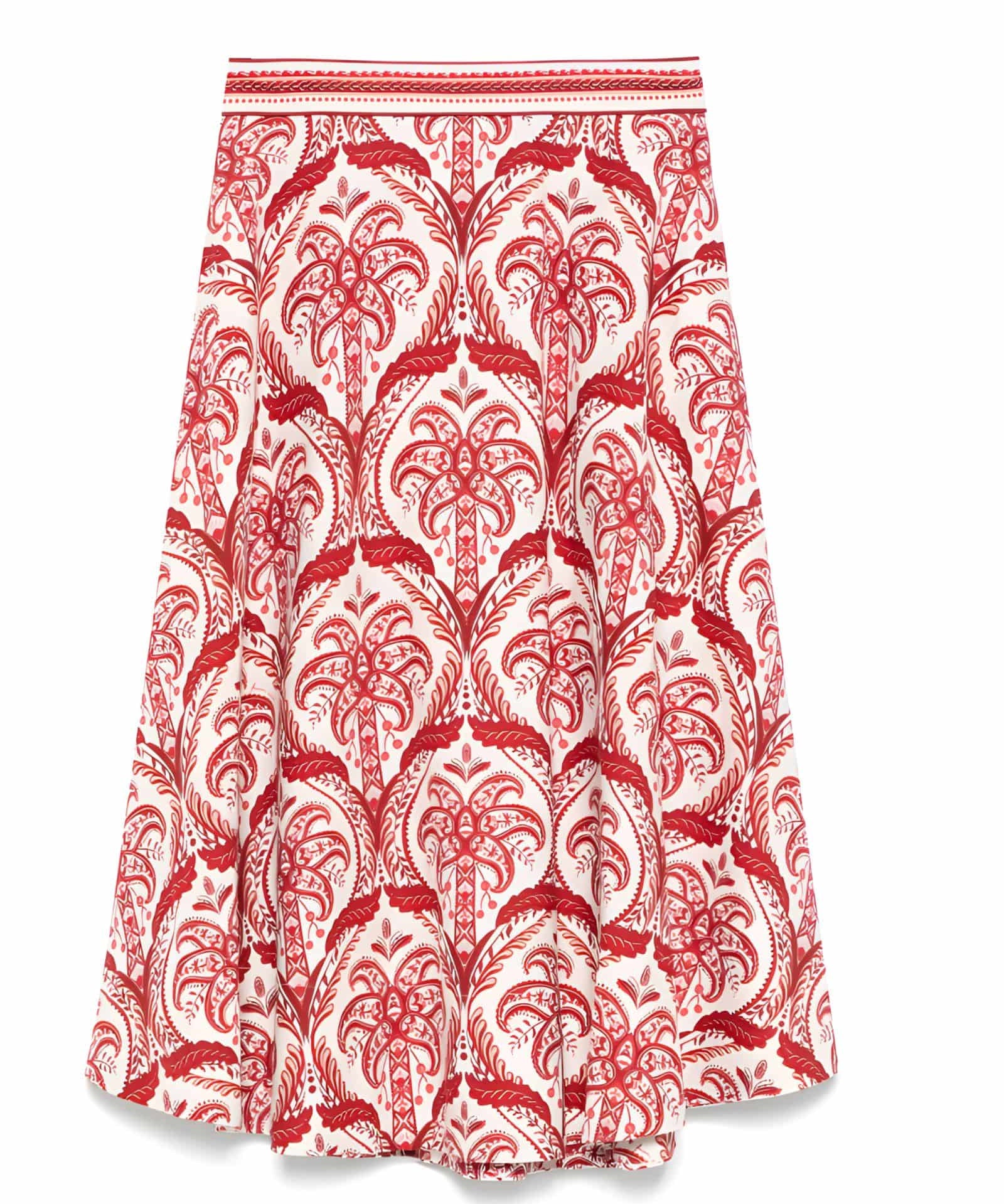 Studio flat lay view of the FARM Rio Tropical Cameo-Print A-line midi skirt showcasing the red symmetrical tropical pattern on a white background.