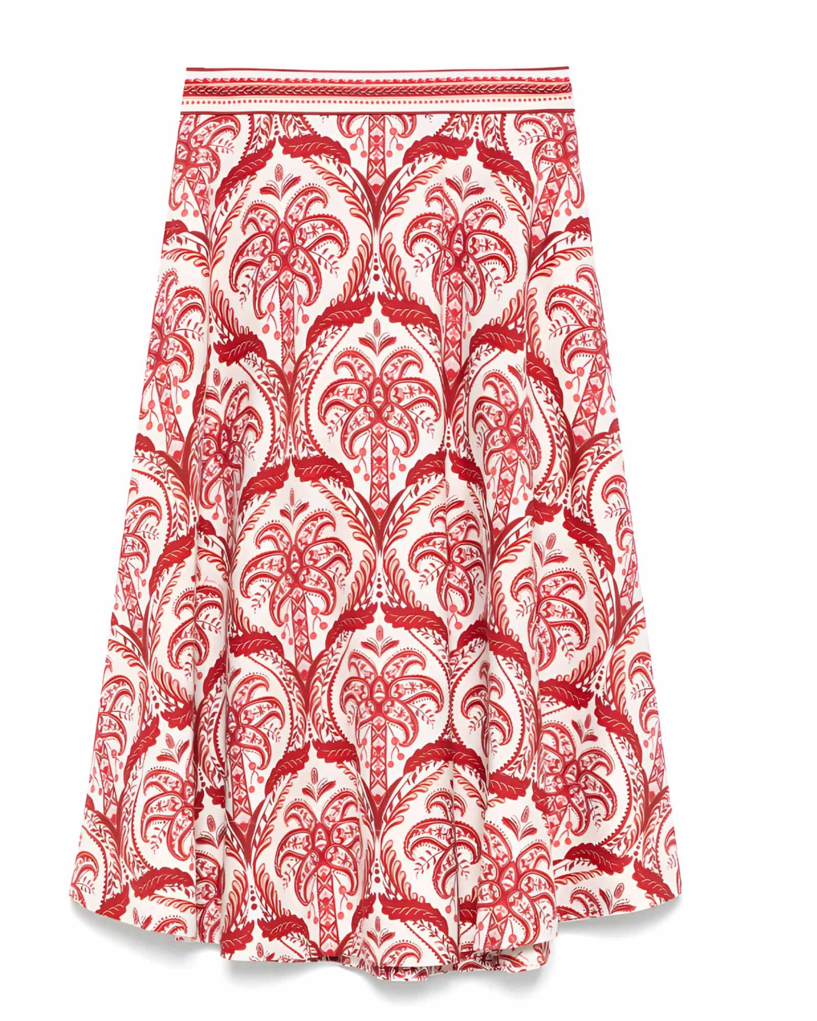 Studio flat lay view of the FARM Rio Tropical Cameo-Print A-line midi skirt showcasing the red symmetrical tropical pattern on a white background.