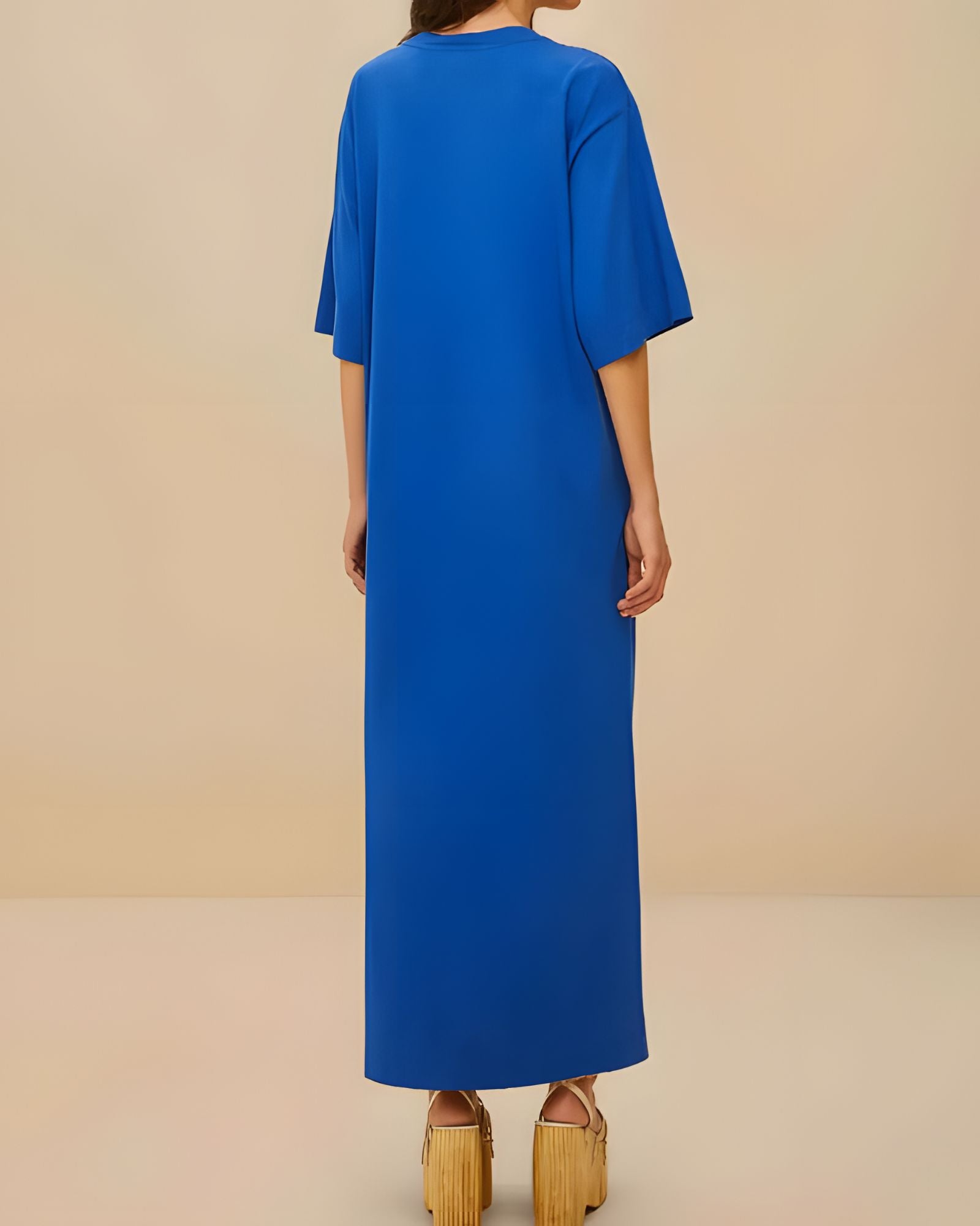 Back view of the blue Farm Rio organic cotton maxi dress