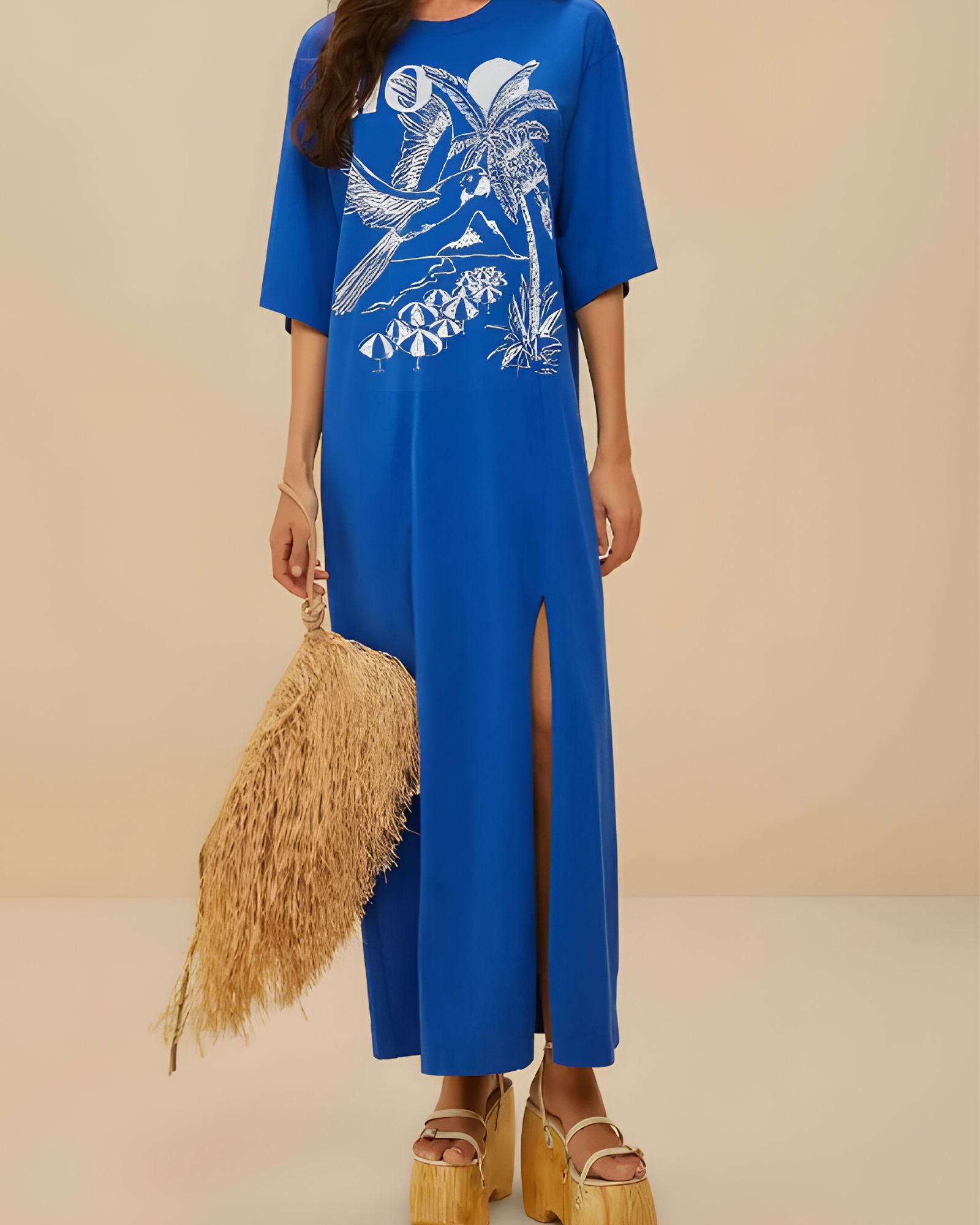 Front slit detail on the Farm Rio blue maxi dress