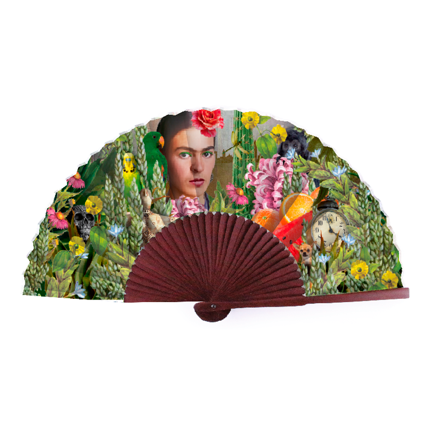 Frida Kahlo Hand Fan — bamboo folding fan with bold printed fabric, unfolded, with gift box