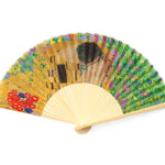 Gustav Klimt Hand Fan – The Kiss — bamboo folding fan with printed fabric, unfolded, with gift box