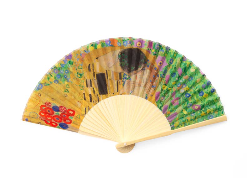 Gustav Klimt Hand Fan – The Kiss — bamboo folding fan with printed fabric, unfolded, with gift box