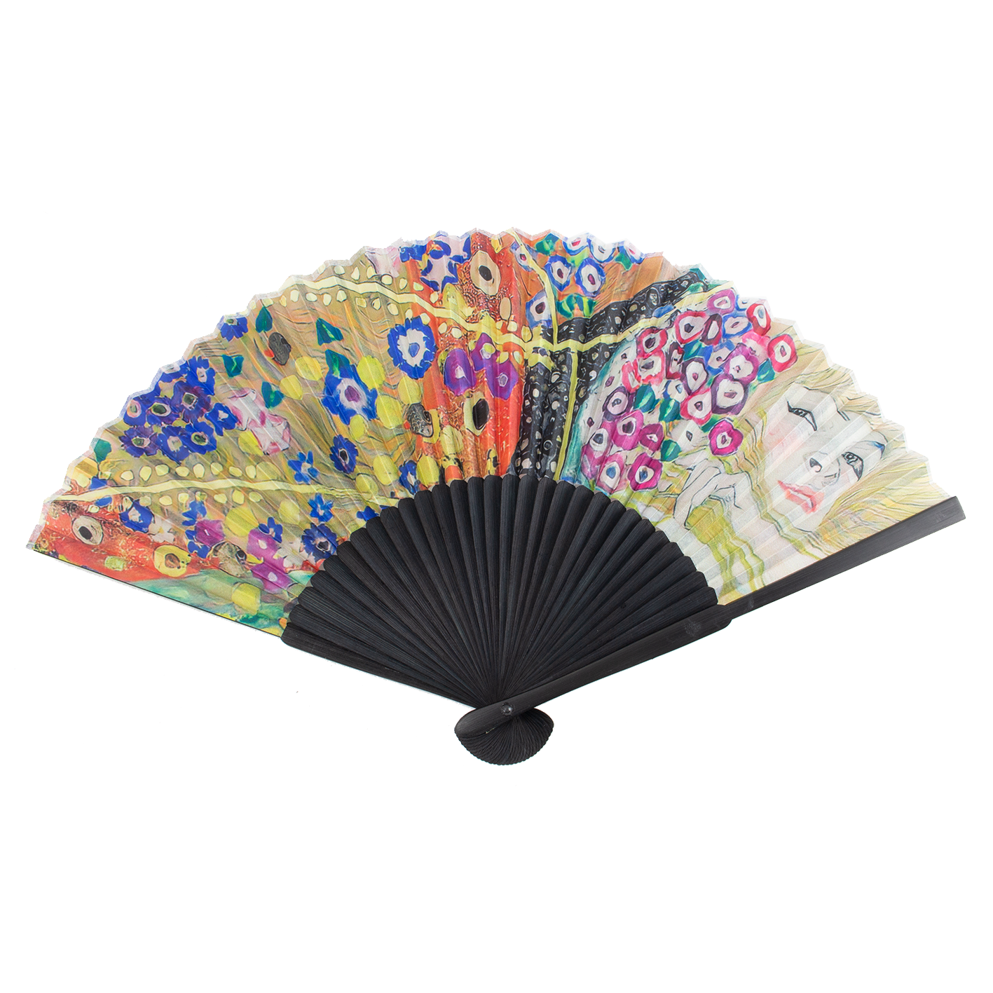 Gustav Klimt Hand Fan – Water Serpents II — bamboo folding fan with printed fabric, unfolded, with gift box