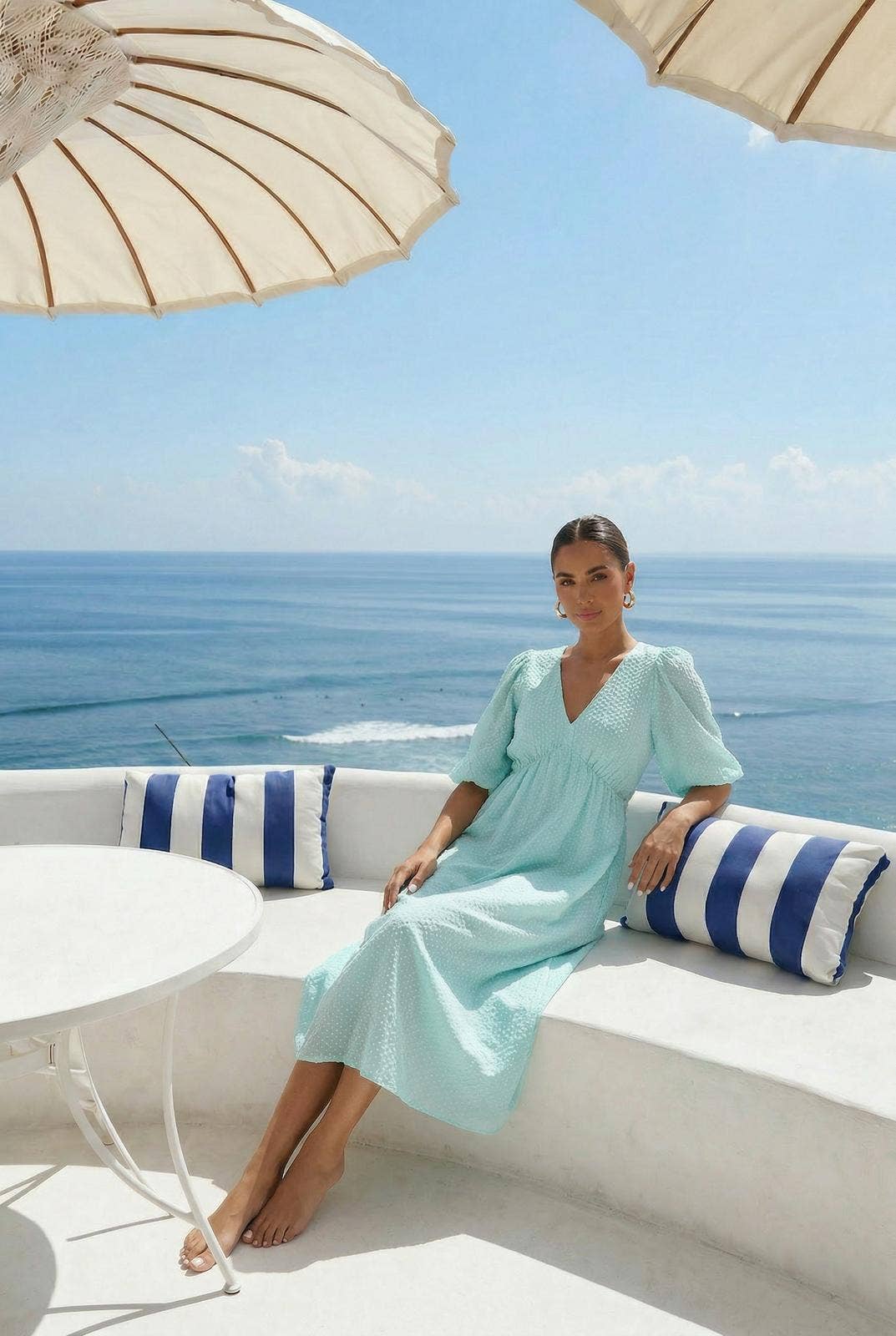 Polka Dot Midi Dress in Sea Green by INCERTAINES — retro dotted cotton dress, view 2