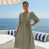 Polka Dot Midi Dress in Sea Green by INCERTAINES — retro dotted cotton dress, view 5