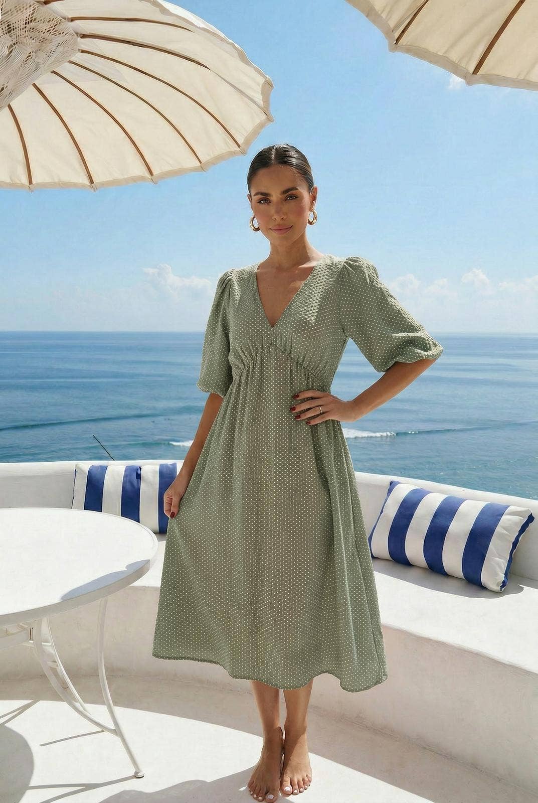 Polka Dot Midi Dress in Sea Green by INCERTAINES — retro dotted cotton dress, view 5