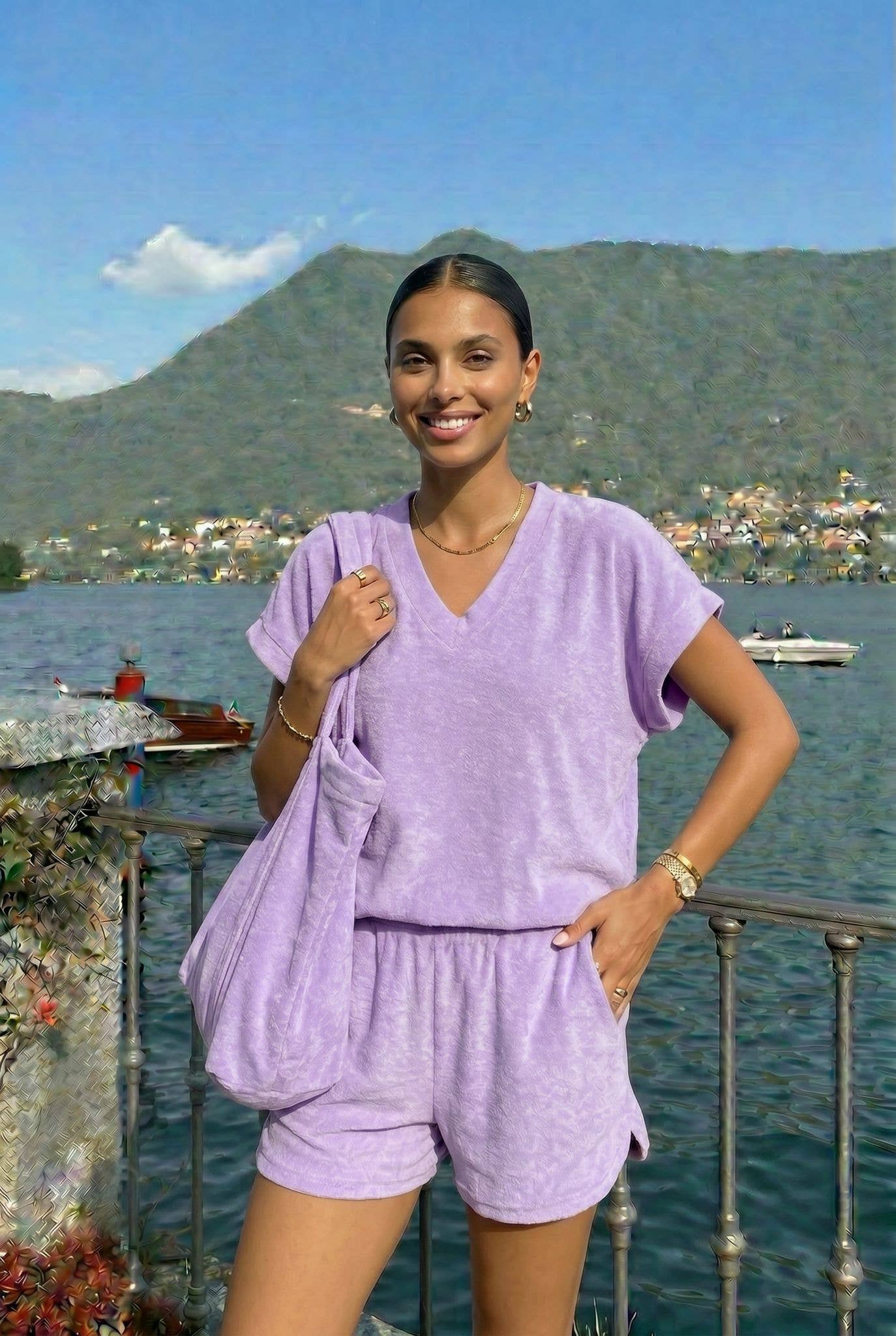 Soft Terry Cloth Shorts by INCERTAINES — one-size cotton terry shorts styled as a summer set, view 2