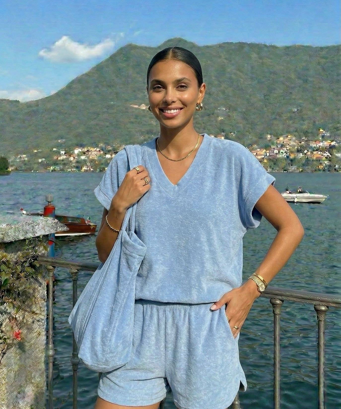 Soft Terry Cloth Top by INCERTAINES — model wearing the terry top with matching shorts, front view
