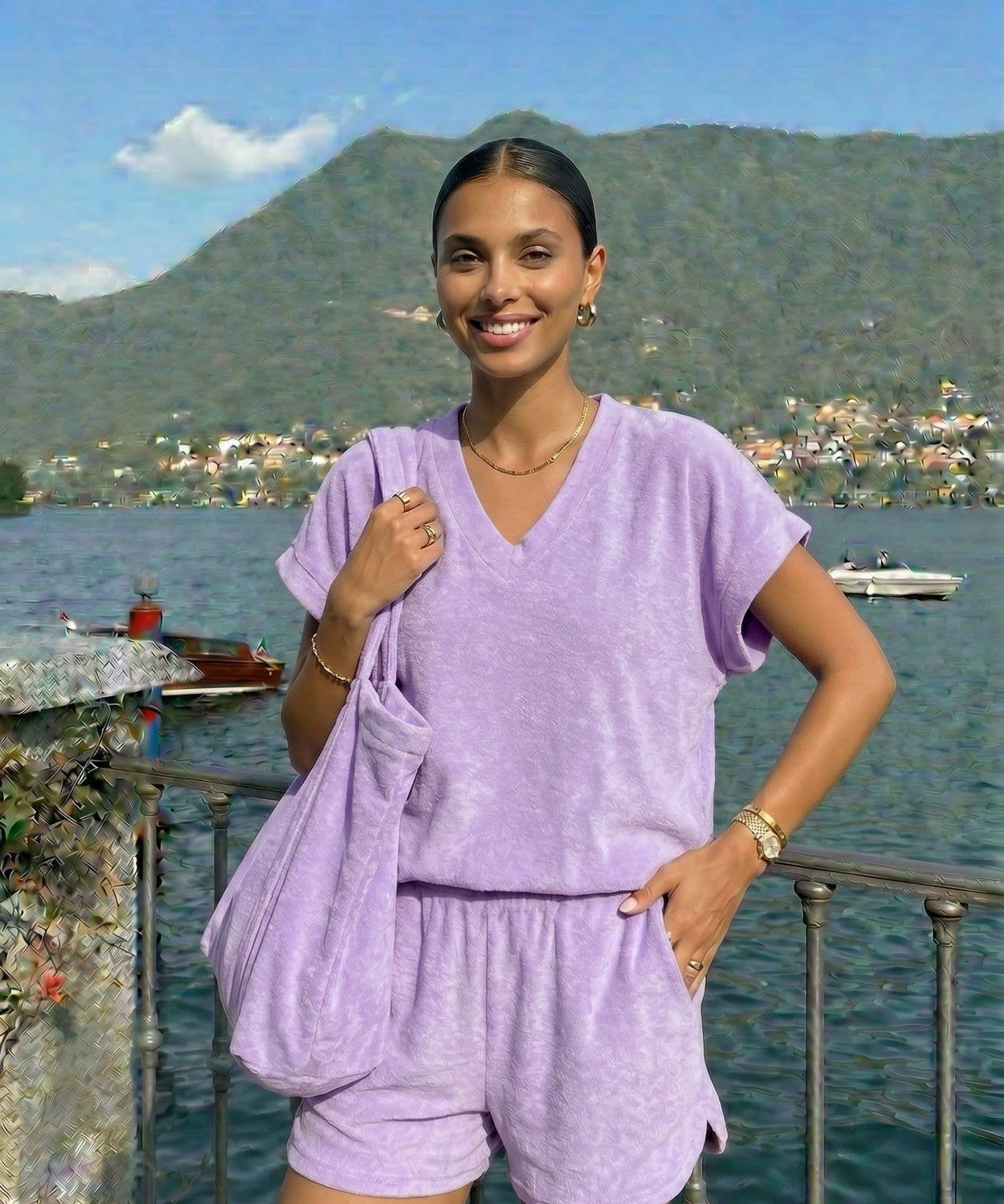Soft Terry Cloth Top by INCERTAINES — one-size cotton terry top styled as a summer set, view 2